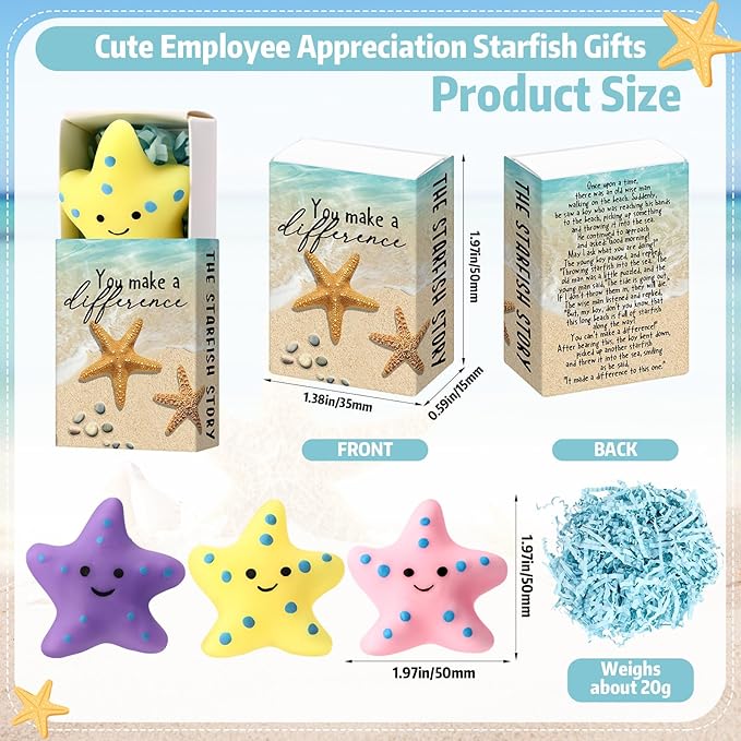 Wettarn 24 Sets Starfish Story Gifts Cute Stress Balls with Gift Boxes You Make a Difference Desk Decor Appreciation Party Favors for Employee Coworker Teacher Inspirational Stress Relief Toys