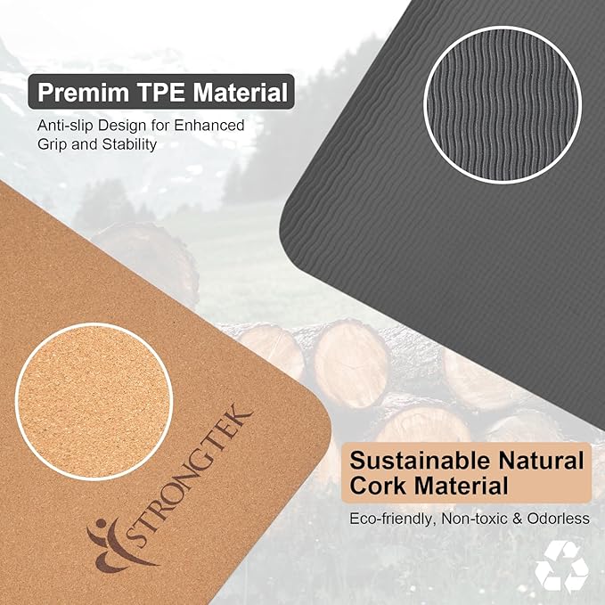 StrongTek Eco-Friendly Cork Yoga Mat, 7mm Thick, 72"x24", Cork+TPE, 2 lbs, Non-Slip, Lightweight & Cushioned Mat for Hot Yoga, Pilates & Home Fitness, Durable Surface with Natural Grip and Carry Strap