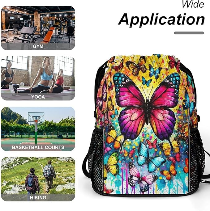 Butterfly Drawstring Backpack - Cute Cinch Sack, String Backpacks with Pocket for Kids Boys Girls Women Men for Gym Outdoor Sports Travel Athletic Drawstring Bag - Lightweight/Foldable