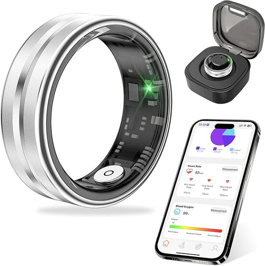 Thin Smart Ring for Fitness & Health Tracking -Pedometer,Sleep/Heart Rate/Blood Oxygen Monitor, Gesture Control / 5ATM Waterproof -No APP Subscription Compatible with Smart Phone (Silver, 12)