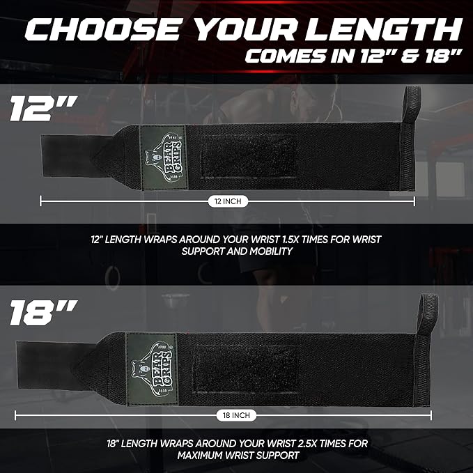 Bear Grips Wrist Wraps for Weightlifting | Weight Lifting Wrist Straps for Weightlifting | Extra Strength Gym Wrist Wraps | Two Wrist Wrap Per Pack | 12” & 18” | Lifting Wrist Wraps for Men & Women