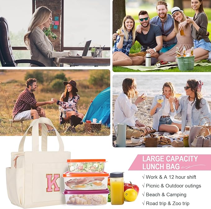 Joymee Leather Lunch Box Lunch Bag for Women Adult Insulated Reusable Leakproof Large Spacious Lunch Cooler Lunch Tote Bag with Bottle Holder and Side Pockets for Work Picnic Beach (Letter K)