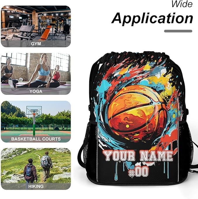 Custom Basketball Drawstring Backpack - Cool Cinch Sack, String Backpacks with Pocket for Kids Women Men Boys Girls for Gym Outdoor Sports Travel Athletic Drawstring Bag - Lightweight/Foldable