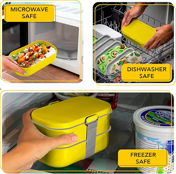 Insulated Stackable Bento Box for Adults with Reusable Chopsticks Japanese Lunch Box Microwavable & Leak Proof Lunch Containers for Men & Women Modern Cute Food Container with Compartments (Yellow)