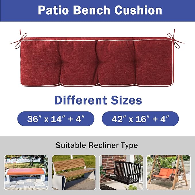 Bench Cushions for Outdoor Furniture, 42 x 16 Inch Outdoor Bench Cushion, Patio Bench Cushion with Durable Ties, Long Patio Seat Cushions for Garden, Indoor, Kitchen&Dining, Red