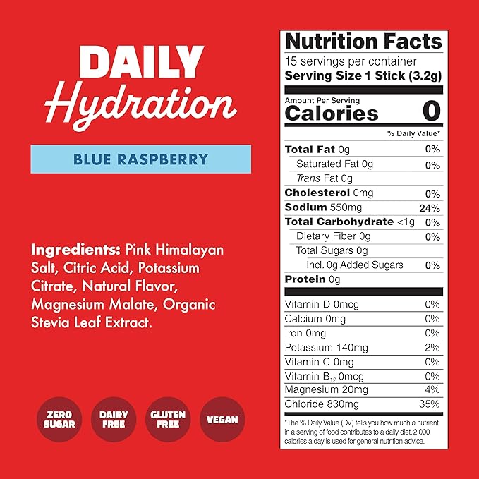 Waterboy Daily Hydration | 1,570mg Electrolyte Powder Packets | No Sugar, All Natural, Gluten Free, Zero Calories | 15 Drink Stick Mixes (Blue Raspberry)