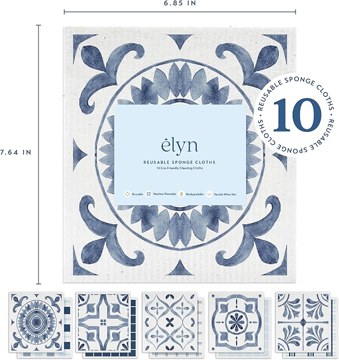 ELYN Swedish Dishcloths, Reusable & Washable Sponge Cloths, Absorbent Cleaning Paper Towels for Kitchen, Dishes, Counters and More, 10 Pack, Assorted Morrocan, Stripe & Plaid Patterns