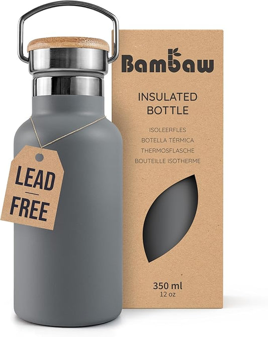 Bambaw Vacuum Insulated Water Bottle 12 oz, Gray Insulated Water Bottle with Handle, Stainless Steel Water Bottle, Reusable Metal Water Bottle No Straw – Stormy Gray