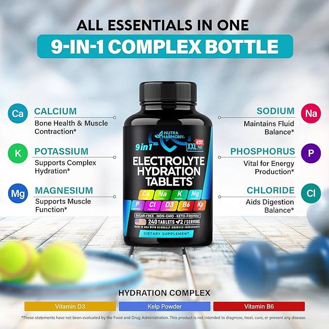 Electrolytes - Electrolyte Tablets with Magnesium, Sodium, Potassium, Chloride, Vitamins D3 & B6, Kelp Powder - Salt Pills - Made in USA - Oral Tablets as Capsules - Vegan & Keto Friendly - 240 Tabs