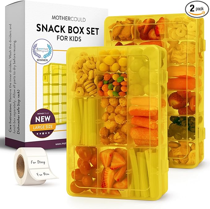 Large Kids Snack Box Containers Set of 2 -100 Labels, BPA-Free, Adjustable Compartments, Dishwasher Safe, Reusable Tray, Food Grade, Meal Prep Container, PARENT TESTED PARENT APPROVED AWARD (Yellow)