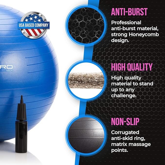 DYNAPRO Exercise Ball Extra Thick Eco-Friendly & Anti-Burst Material Supports over 2200lbs, Stability Ball for Home, Yoga, Gym, Birthing, Physio, Swiss, Physical Therapy or Pregnancy