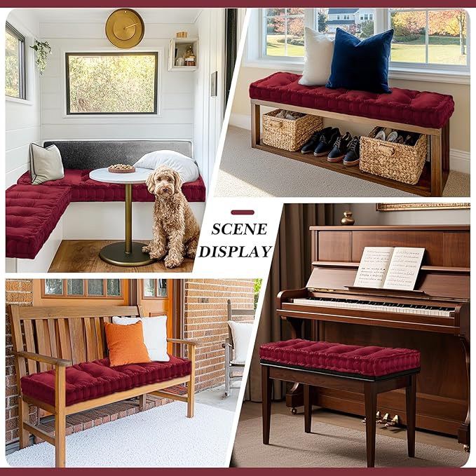 Bench Cushions for Indoor Furniture 42x16 in Velvet Kitchen Dining Piano Window Seat Cushion, Tufted Patio Porch Swing Thicken Bench Pad Memory Foam for Christmas Decor(Dark Red)