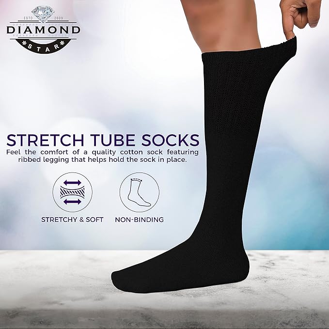 Diamond Star Men's 6 Pack Athletic Tube Socks Running Sports OVER THE CALF Full Cushioned Premium Soft Cotton Big and Tall