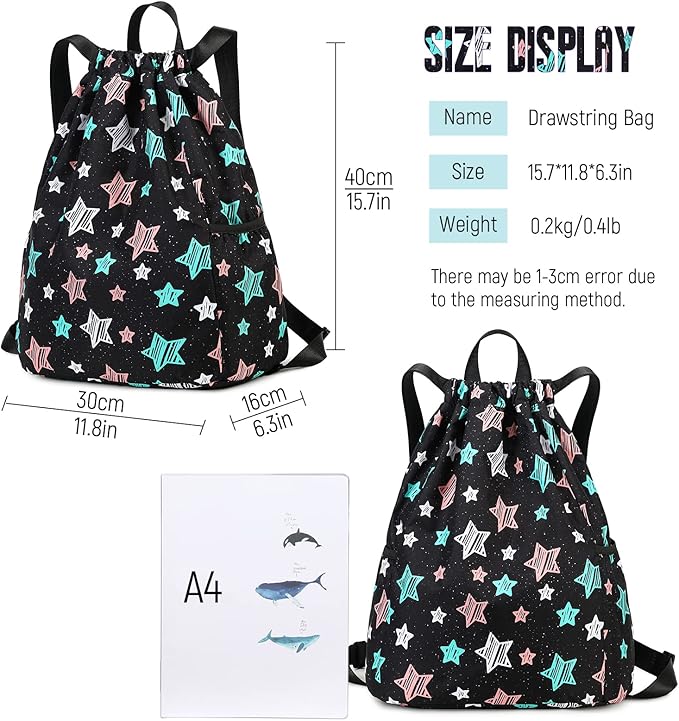 Drawstring Backpack Gym String Bag Drawstring Sackpack Sport Cinch Bag For Womens Girls Mens Stars Black
