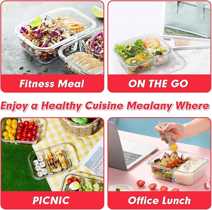 VERONES 10 Pack Meal Prep Containers - 2 Compartment Set, 36OZ Airtight Glass Lunch Containers, Microwave, Oven, Freezer & Dishwasher Safe, Red
