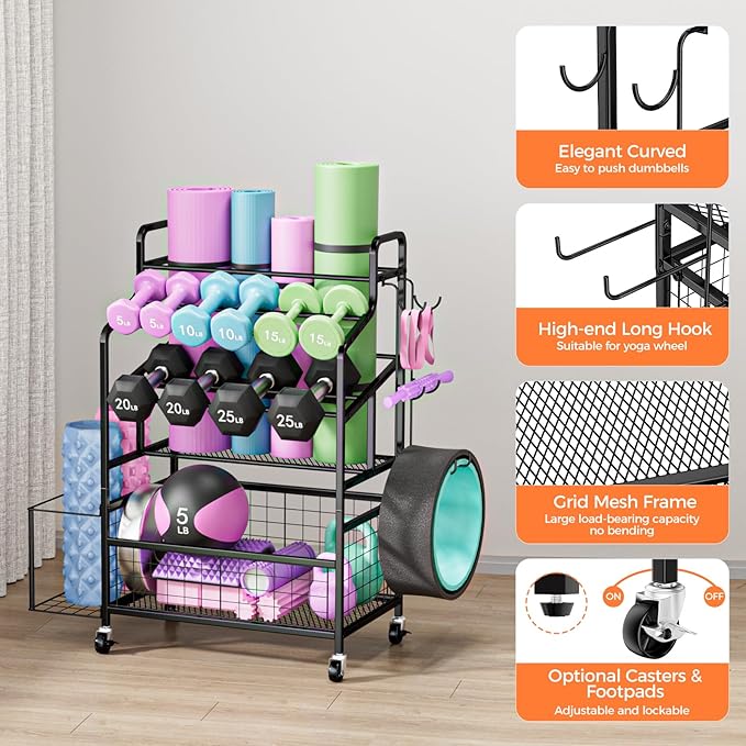 Weight Rack Storage for Home Gym, Adjustable Dumbbell Stand Organizer with Wheels and Hooks, Workout Equipment Organizer Holds Yoga mats, Kettlebells, and Fitness Accessories