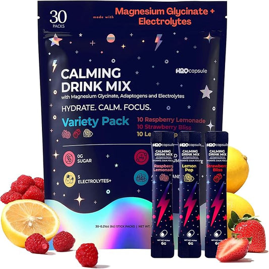 Calm Magnesium Glycinate Drink Mix with Electrolytes – Sugar Free Powder with Ashwagandha, L-Theanine, Vitamin B & GABA – Cortisol Support, Stress Relief, Hydration & Focus - 30 servings (Variety)