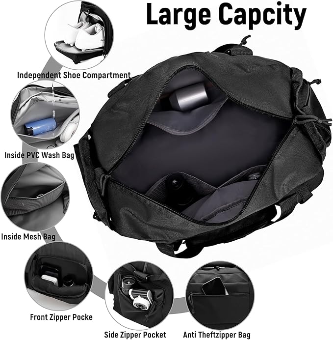 Duffle Bag for Men Women, Gym Bags & Tactical Duffle Bag with Shoe Compartment, Weekender Overnight Bag for Travel Workout, Black