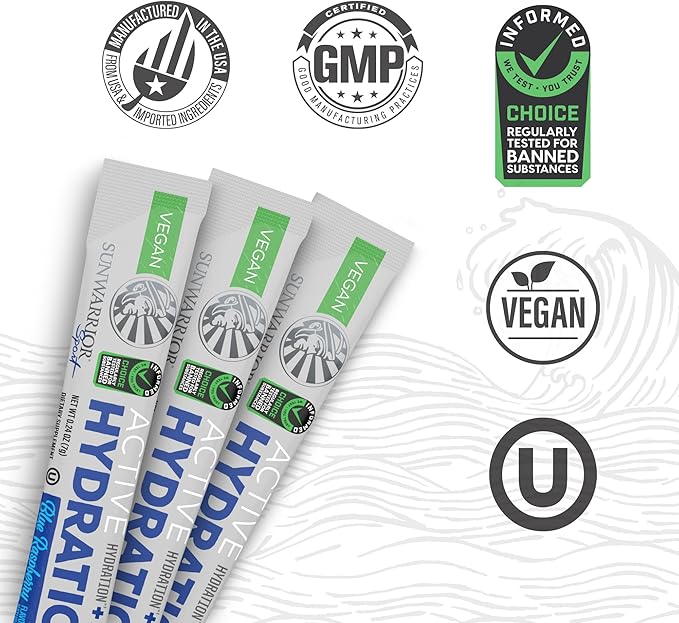 Sunwarrior Hydration Powder Electrolyte Packets Powder B12 Elderberry | Blue Raspberry Flavored 18 Stick Packs 126g Pouch | Vegan and Plant-Based Sugar Free