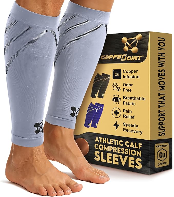 CopperJoint Running Calf Compression Sleeve Women – Easy-On Footless Calf Compression Sleeves for Men, Support Mens Leg Sleeves for Runners, Basketball, Sports, Copper Infused Nylon - Grey, Large