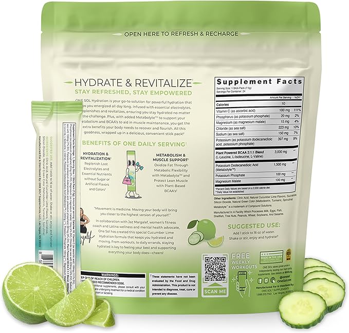 One Sol Hydration - Cucumber Lime - 24x On The Go Stick Packs - Electrolyte Powder Drink Mix - Energy Boost & Burn - Third Party Tested