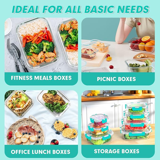 VERONES 30 Pieces Glass Meal Prep Containers Set, Stackable Glass Food Storage Containers with Lids-Airtight Glass Lunch Containers，for Microwave, Oven, Freezer & Dishwasher,Green