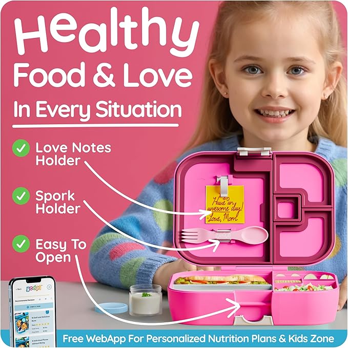 YOOPI Bento Box for Kids, Leak-Proof, BPA-Free School Bento Lunch Box Containers with Compartments. Online Healthy Meal Planning, Durable, Easy-Clean, Eco-Friendly Lunchbox for Boys & Girls (Fuchsia)