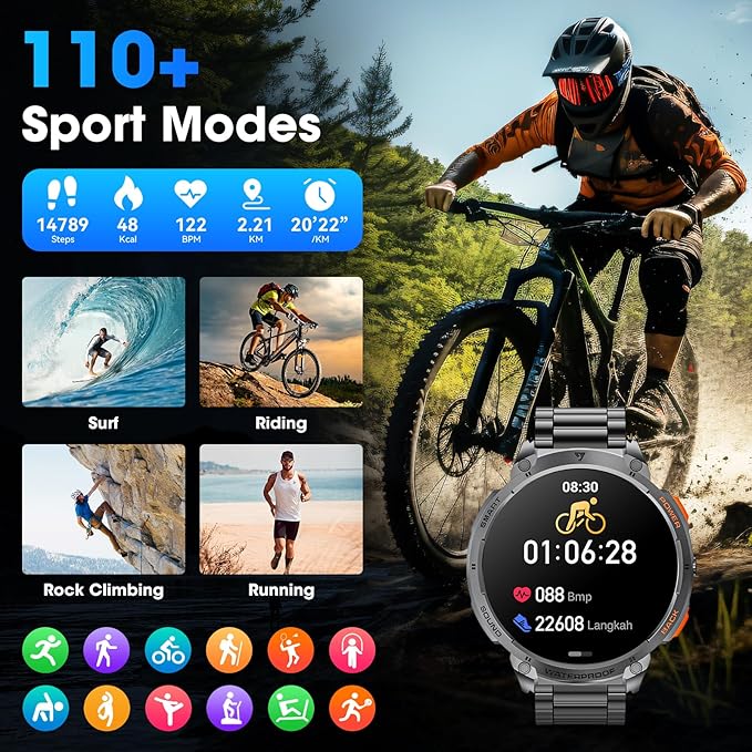 Military Smart Watch for Men 1.85" HD Touch Screen 730mAh Battery Smart Watches with LED Flashlight for Android iOS （Bluetooth Call Answer/Dial Calls） Fitness Tracker with Heart Rate Blood