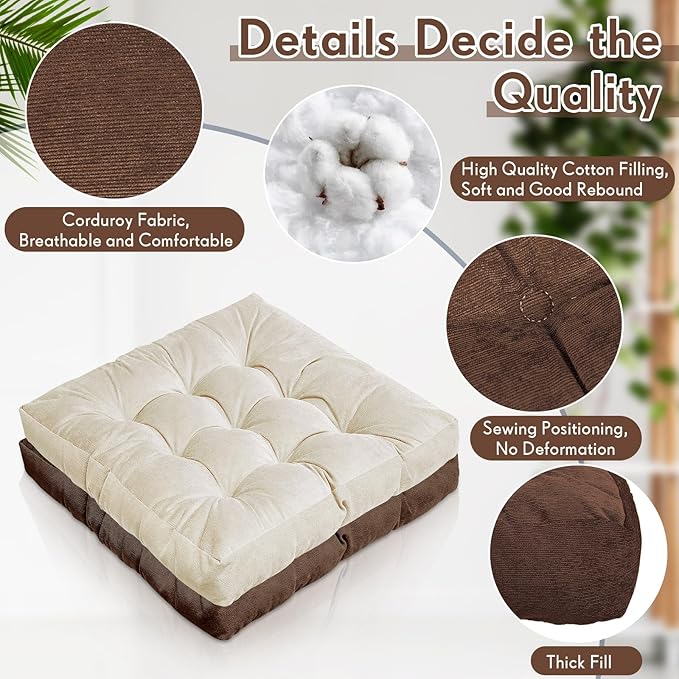 Jerify Floor Pillow Cushions 22 x 22 Inch Round Square Large Meditation Floor Pillow for Classroom Adult Meditation Picnic Party Cushion for Seating Gift Christmas(Square,Brown,4 Pcs)