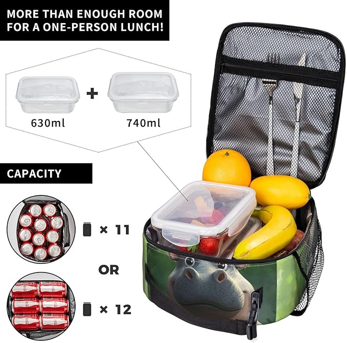 Insulated Lunch Box for Women Men, Hippo Theme Lunch Box Reusable Portable Lunch Bag Cooler Tote Waterproof Lunch Container for Office Picnic Work Travel