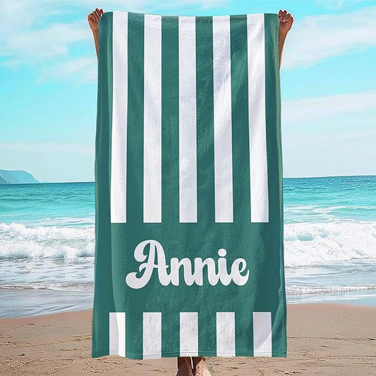 JML Personalized Beach Towel with Name, Custom Cabana Stripe Beach Towel, Customized Microfiber Pool Towel, Quick Dry & Absorbent Swim Towel for Adult,Mother's Day, Birthday, Summer Holiday,Vacation