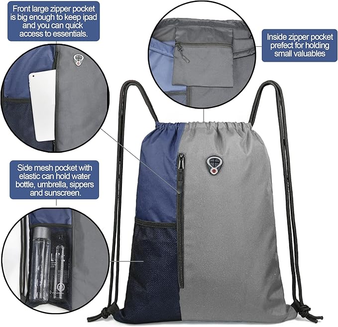 BeeGreen Grey Drawstring Backpack Sports Gym Bag For Women Men Large Draw String Bags Pack With Zipper and Water Bottle Mesh Pockets Workout Bag