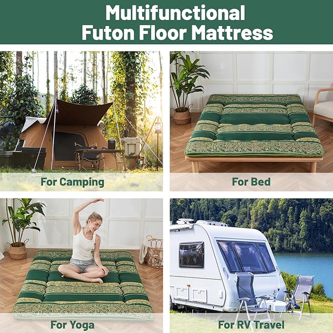 Japanese Floor Mattress, Futon Mattress with Portable Storage Bag and Washable Cover, Roll Up Thick Tatami Mat Suitable for Camping, Guest Room (Bohemian Green, Queen)