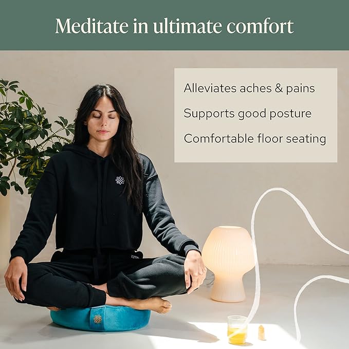 Mindful Modern Velvet Meditation Cushion | Luxe Zafu Yoga Floor Pillow Seat | Posture Support | Buckwheat Hull Filled | Large Round Cushion with Removable Washable Cover + Carry Handle
