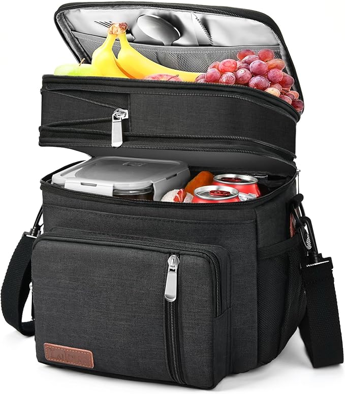 Expandable Lunch Box for Women Men | Adult Lunchbag Cooler Tote Bag with Adjustable Shoulder Strap | Insulated Reusable Womens Lunch Bags for Work Camping Beach | 16L, Black