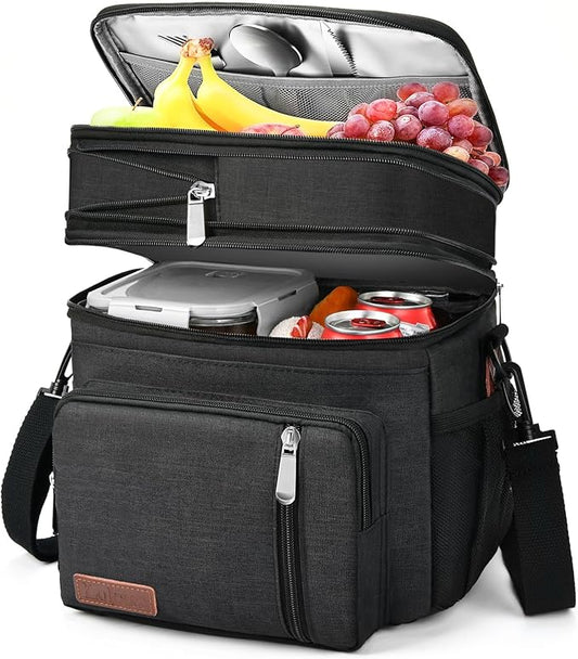 Expandable Lunch Box for Women Men | Adult Lunchbag Cooler Tote Bag with Adjustable Shoulder Strap | Insulated Reusable Womens Lunch Bags for Work Camping Beach | 16L, Black