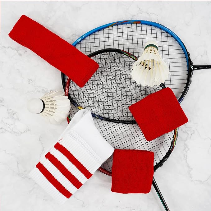 ONUPGO 5 Pieces Sweatbands Striped Socks Set Sports Headband Wristbands High Tube Socks 80s Accessories Costumes