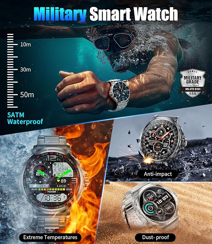 Military Smart Watch for Men,1.85" HD/800mAh Battery Smart Watches for Android iOS (Bluetooth Call Answer/Calls) Fitness Tracker with Heart Rate/Sleep Tracking/Blood Oxygen Silver