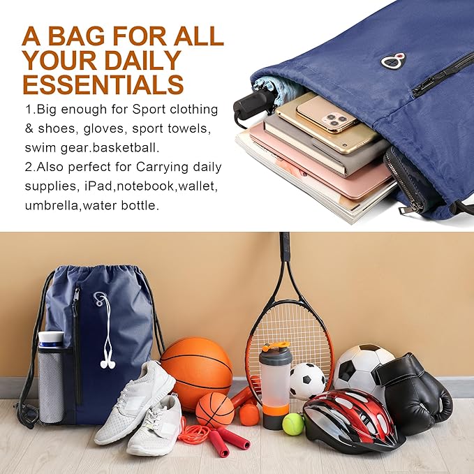 BeeGreen Navy Drawstring Backpack Gym Bag For Men & Women – Sports Sackpack with Mesh Water Bottle Holder & 2 Zippered Pockets – Large 16x20 Inch Cinch String Backpack Workout Bag for Running, Travel