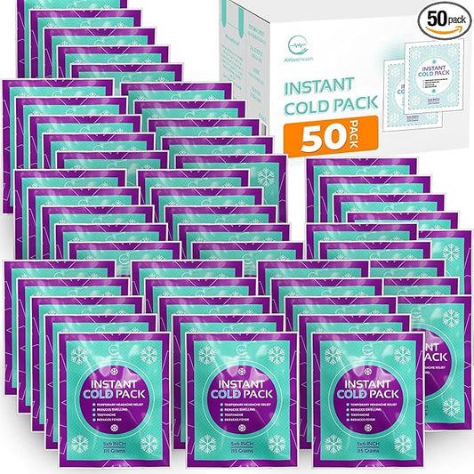 Disposable Instant Ice Cold Packs (6” x 5”) Bulk 50 Pack | Cold Compress Ice Pack for Pain Relief, First Aid & Outdoor