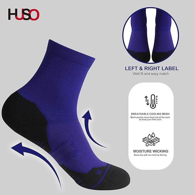 HUSO Compression Ankle Running Socks: Athletic Socks for Men Women with Cushion,Work Hiking Basketball Sport Socks 3 Pairs