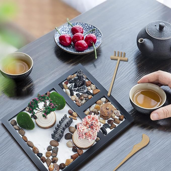 Japanese Zen Garden for Desk - Sakura Budah 9" x 7" Desktop Mini Zen Garden with White Sand Artificial Bonsai Tree Rocks Rakes & Accessories - Meditation Zen Gifts Sand Garden Kit for Office Zen Decor