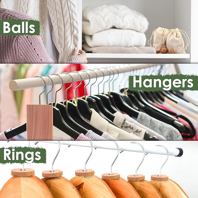 ecoKiwi Cedar Blocks for Clothes Storage Mega Bundle Box - Cedar Hangers x20, Balls x75 & Rings x55-100% Natural Oil Planks & Chips for Closets & Drawers - Aromatic Red Cedar Wood with Sandpaper