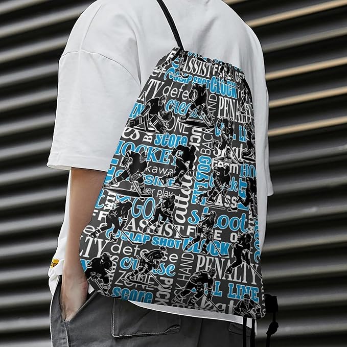 Hockey Drawstring Backpack - Cool Cinch Sack, String Backpacks for Kids Women Men Boys Girls for Gym Outdoor Sports Travel Athletic Drawstring Bag - Lightweight/Foldable