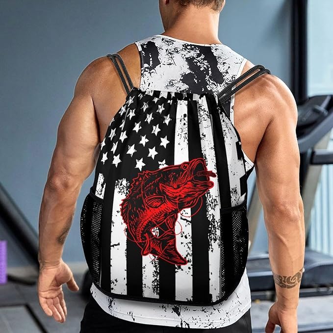 Fish Flag Drawstring Backpack Gym Bag With Shoe Compartment String Bag Sport Beach Swimming Sackpack For Women Men
