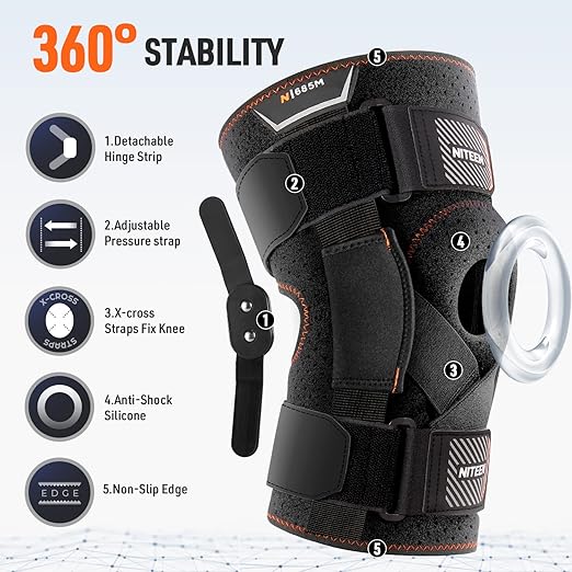 NITEEN Hinged Knee Brace for Knee Pain with Side Stabilizers Knee Braces for Women Men Adjustable Knee Pad for Meniscus Tear Plus Size Compression Patella Gel Pads Knee Support for ACL, MCL