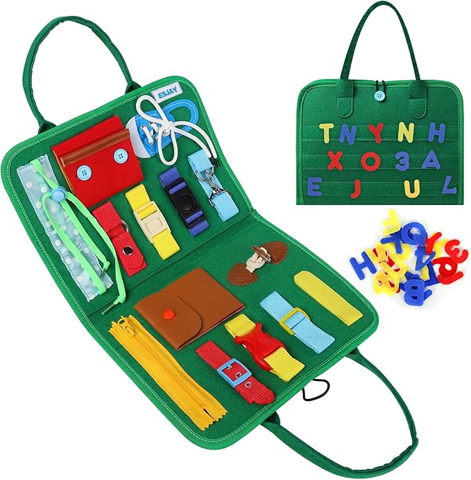 Esjay Toddler Busy Board, Montessori Toys to Learn Fine Motor Skill, Educational Sensory Board for 3+ Year Old, Toddler Activities for Travel Airplane Car,Green Alphabet