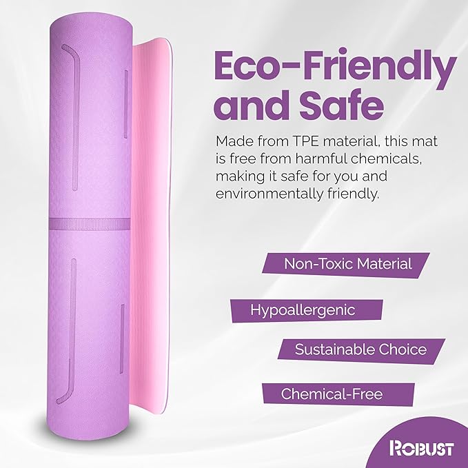 Robust Non-Slip Yoga Mat with Strap, 1/4" Thick TPE Eco-Friendly Workout Mat for Yoga with Position Lines and Texture Surface, Gym Mat for Women, Men, Pilates and Exercises Anti-Tear Sweat-Proof Exercise Mat