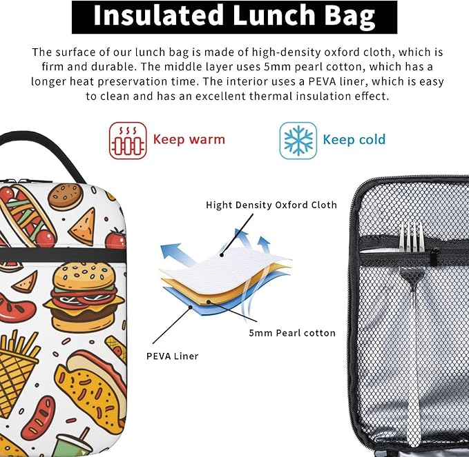 Insulated Lunch Box for Women Men, Food Theme Lunch Box Reusable Portable Lunch Bag Cooler Tote Waterproof Lunch Container for Office Picnic Work Travel