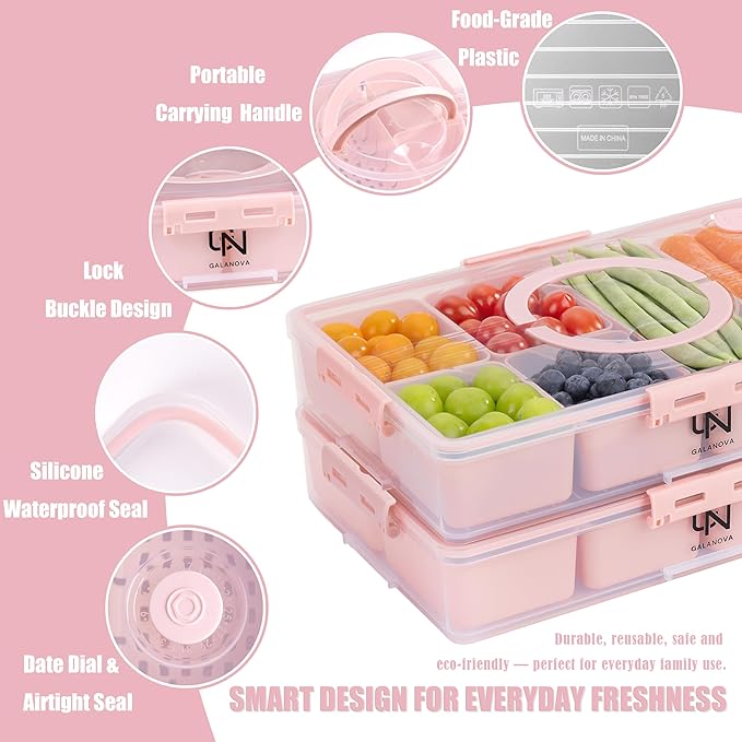Stackable Snackle Box Container with 2 Lids - BPA-Free Snackle box Organizer, Dishwasher & Microwave Safe Reusable Snacklebox for Veggies, Fruits, Charcuterie, Snacks (Pink, 2 Pack)